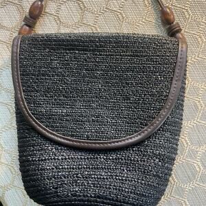 Saddle Bag Black Wheat Straw Boho Chic Crossbody Purse Resort Summer Wood Beads